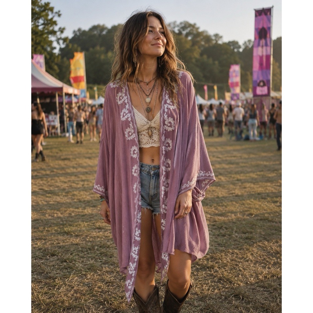 Easel Kimono S Embroidered Floral Boho Hippie Coastal Cowgirl Tunic Festival